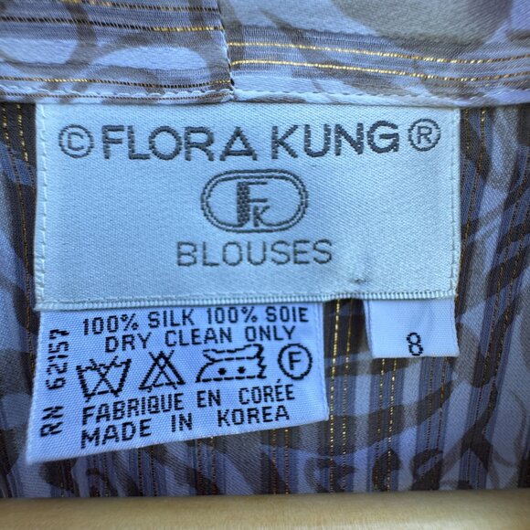VTG Flora Kung 100% Silk Blouse Size 8 Cream Gold Print Deep Plunge Neck 70s 80s - Picture 5 of 10